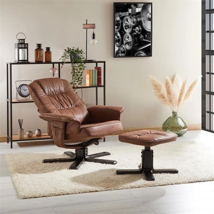 Relaxsessel CHARLY Mit Hocker Und Stoffbezug In Vintage Braun/schwarz – Bild 3