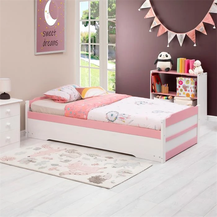 Ausziehbett LORENA 90x190 Cm, Kiefer In Weiß/rosa – Bild 2