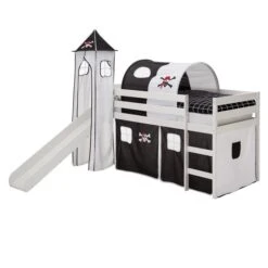 Hochbett Mit Rutsche BENNY Weiß, Vorhang, Turm U. Tunnel Pirat