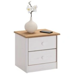 Nachttisch RONDO Aus Kiefer Mit 2 Schubladen, In Weiß/braun