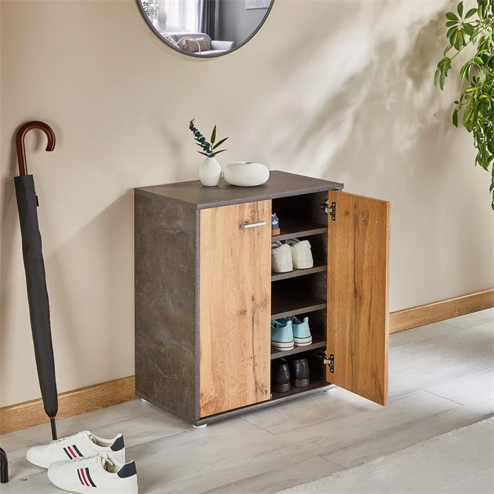 Schuhschrank LENNIS 2 Türen In Beton Dunkel/Wotan Eiche – Bild 2